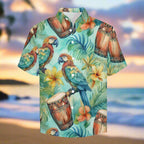 Hawaiian shirt with parrot and tropical pattern on a Maui beach background