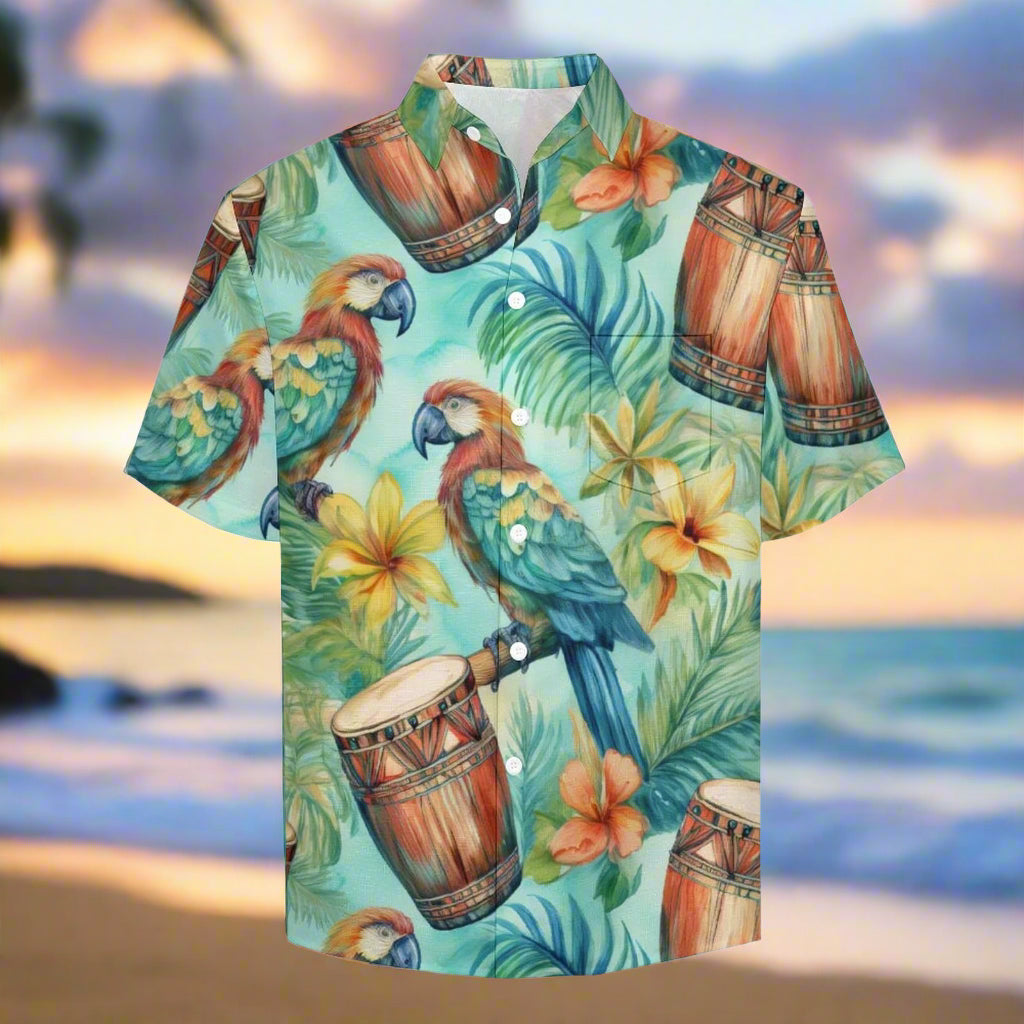 Hawaiian shirt with parrot and tropical pattern on a Maui beach background