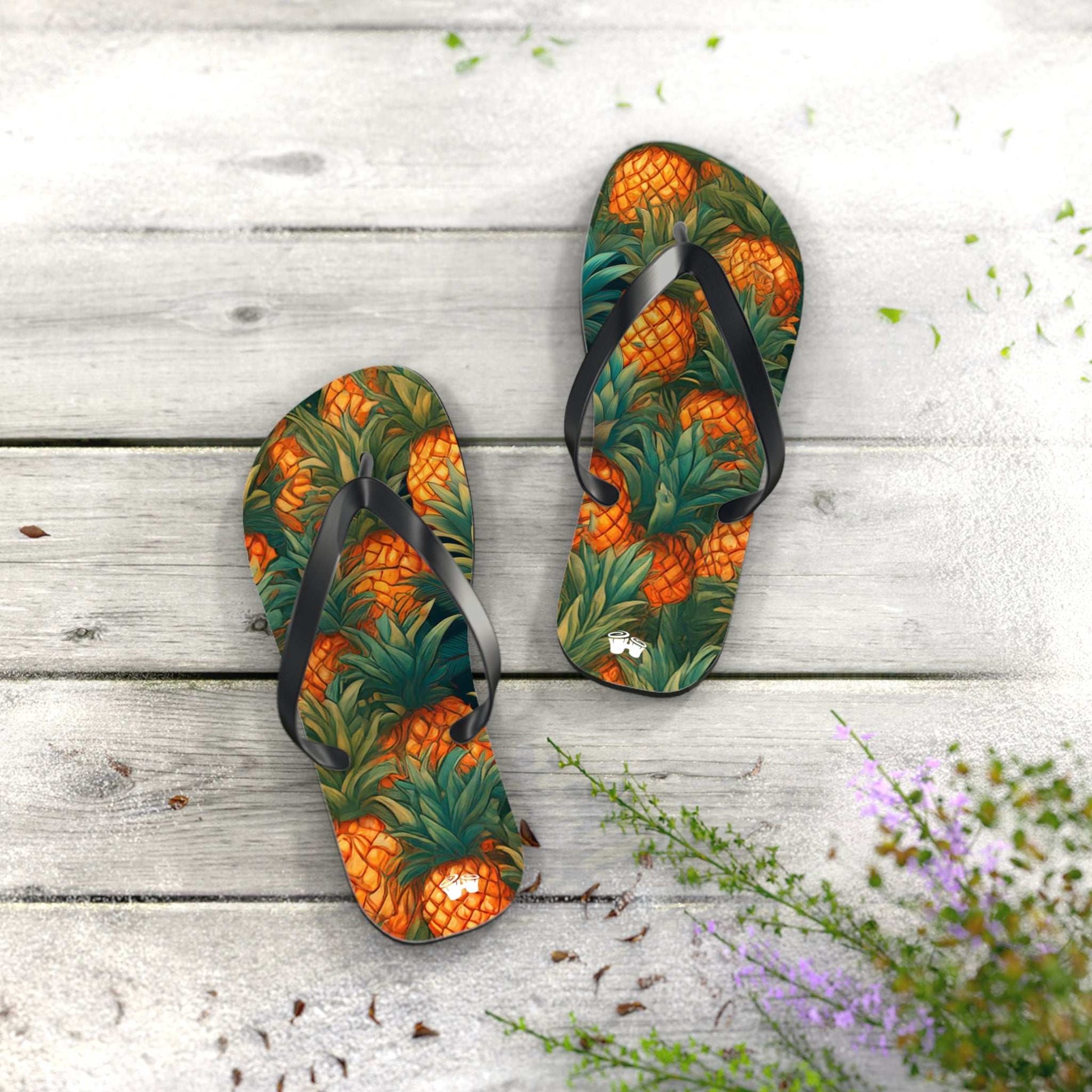 Colorful pineapple pattern flip-flops on a wooden surface, perfect for summer beach vibes.