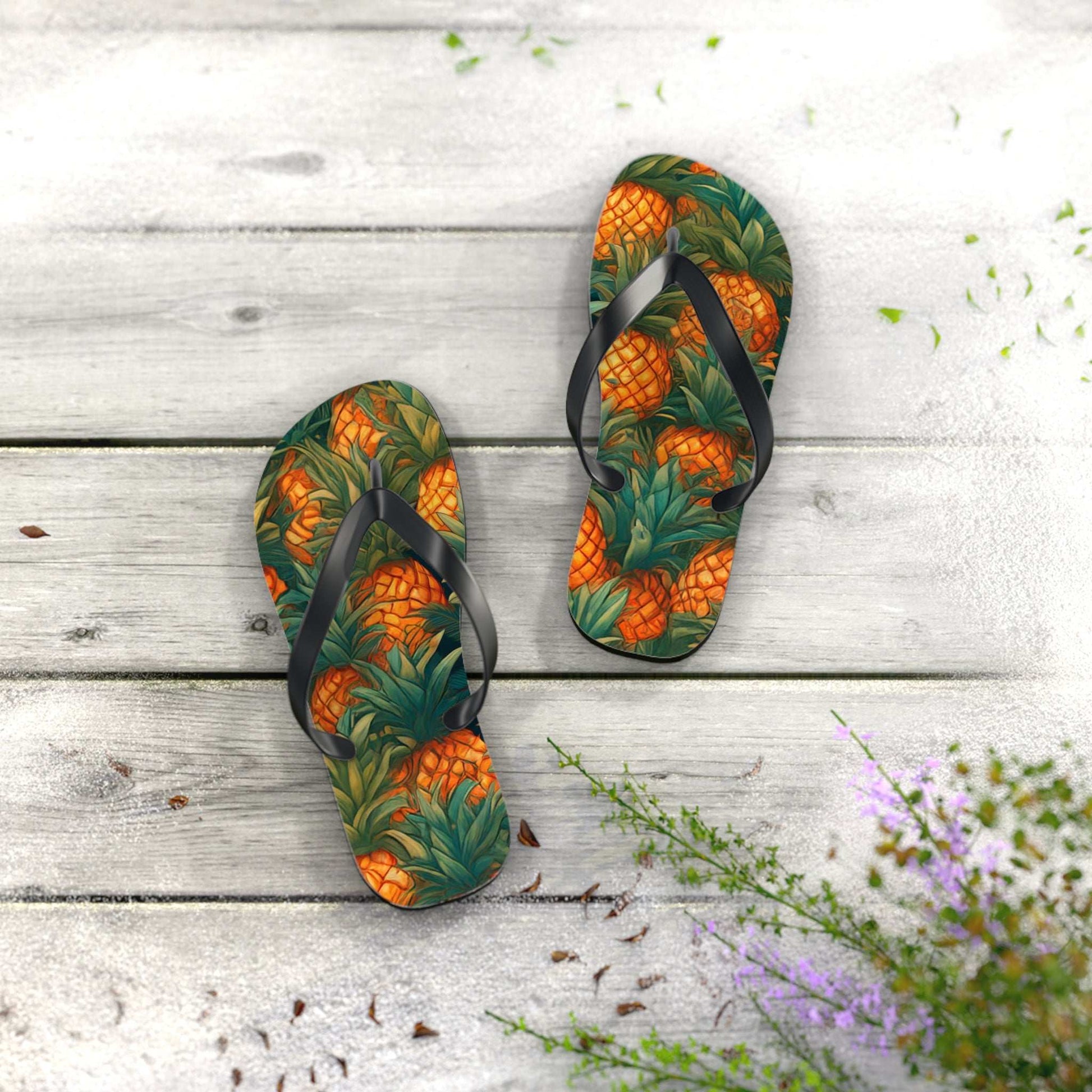 Vibrant pineapple pattern flip-flops on wooden surface, perfect for summer fun and tropical vibes.
