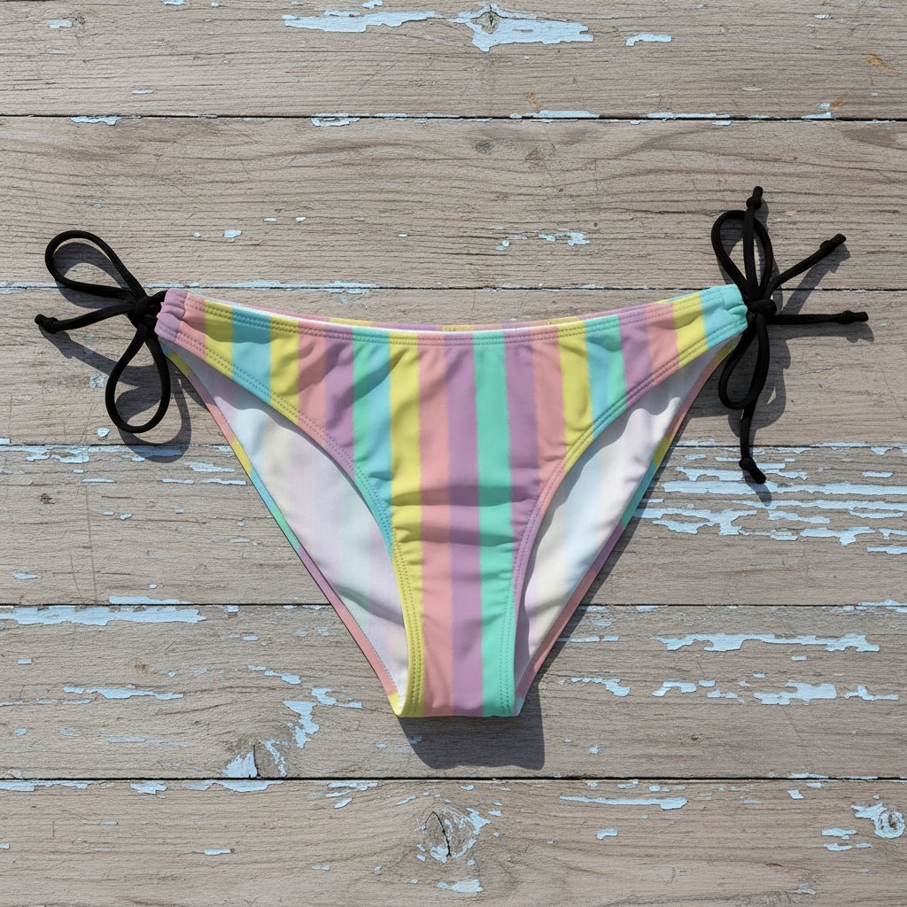 Multicolored striped bikini bottoms on nautical wood