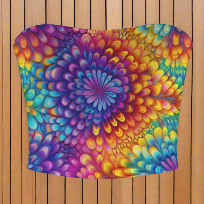 Colorful strapless top with a tie-dye pattern on a white background