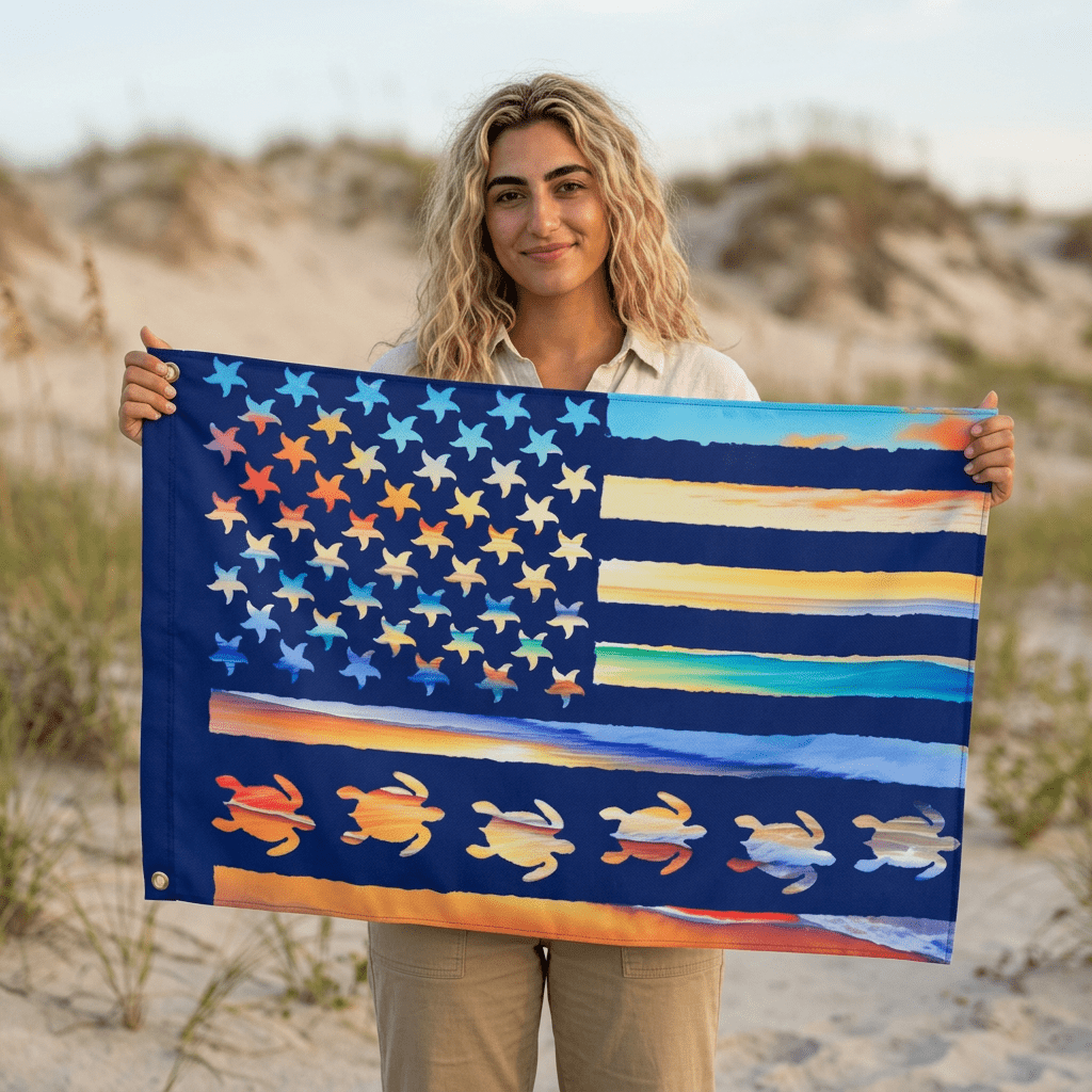 Person holding a colorful American flag with turtle designs on a beach