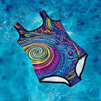 Colorful swimsuit with a spiral pattern on a pool floor