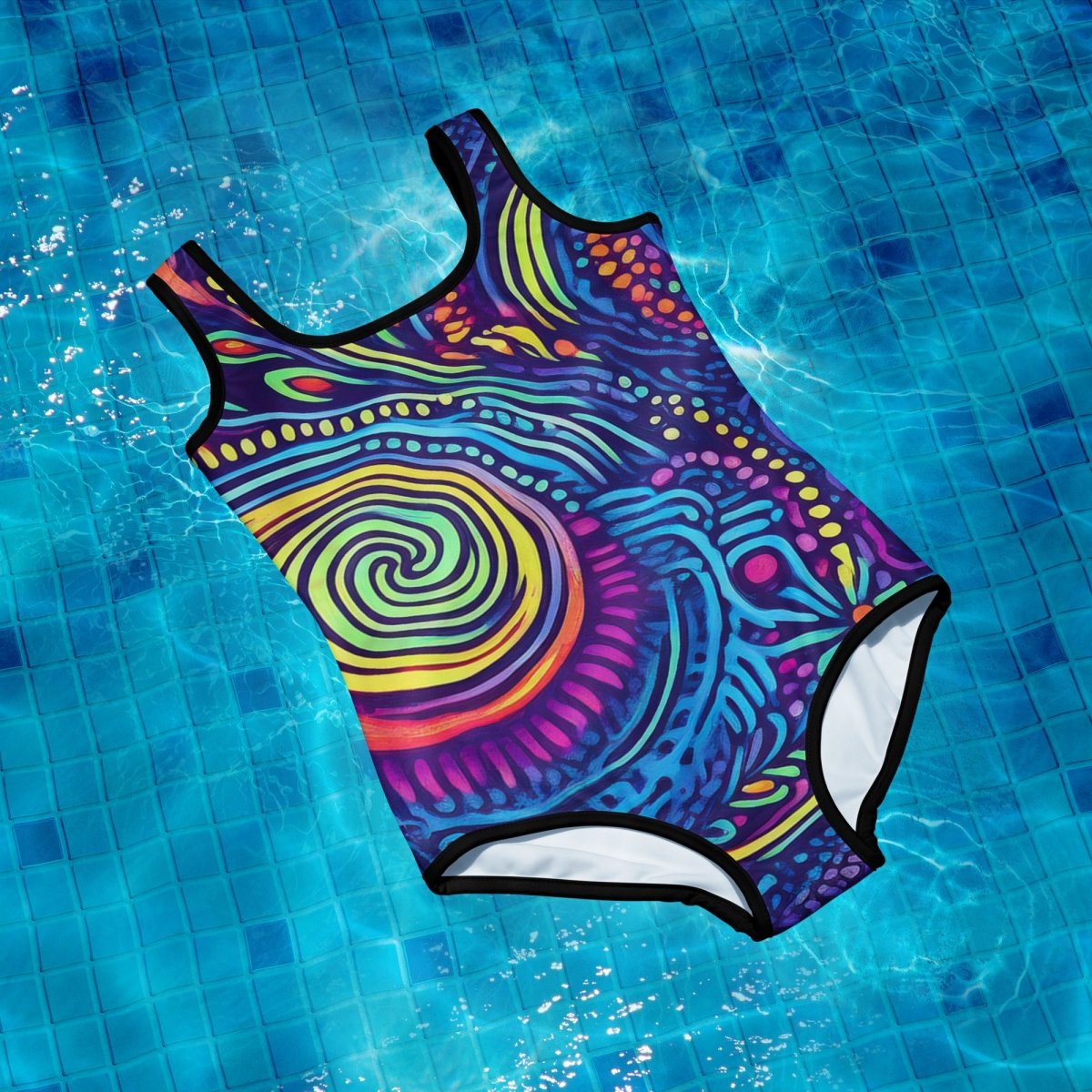 Colorful swimsuit with a spiral pattern on a pool floor