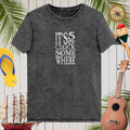 Gray t-shirt with 'It's 5 o'clock somewhere' text, surrounded by decorative items like a ukulele and flip-flops.