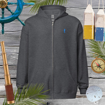 Unisex heavy blend zip hoodie featuring cool embroidered seahorse, perfect for cozy vibes and stylish looks.