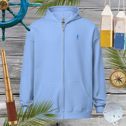 Unisex heavy blend zip hoodie in light blue with embroidered seahorse, perfect for stylish comfort and cozy vibes.