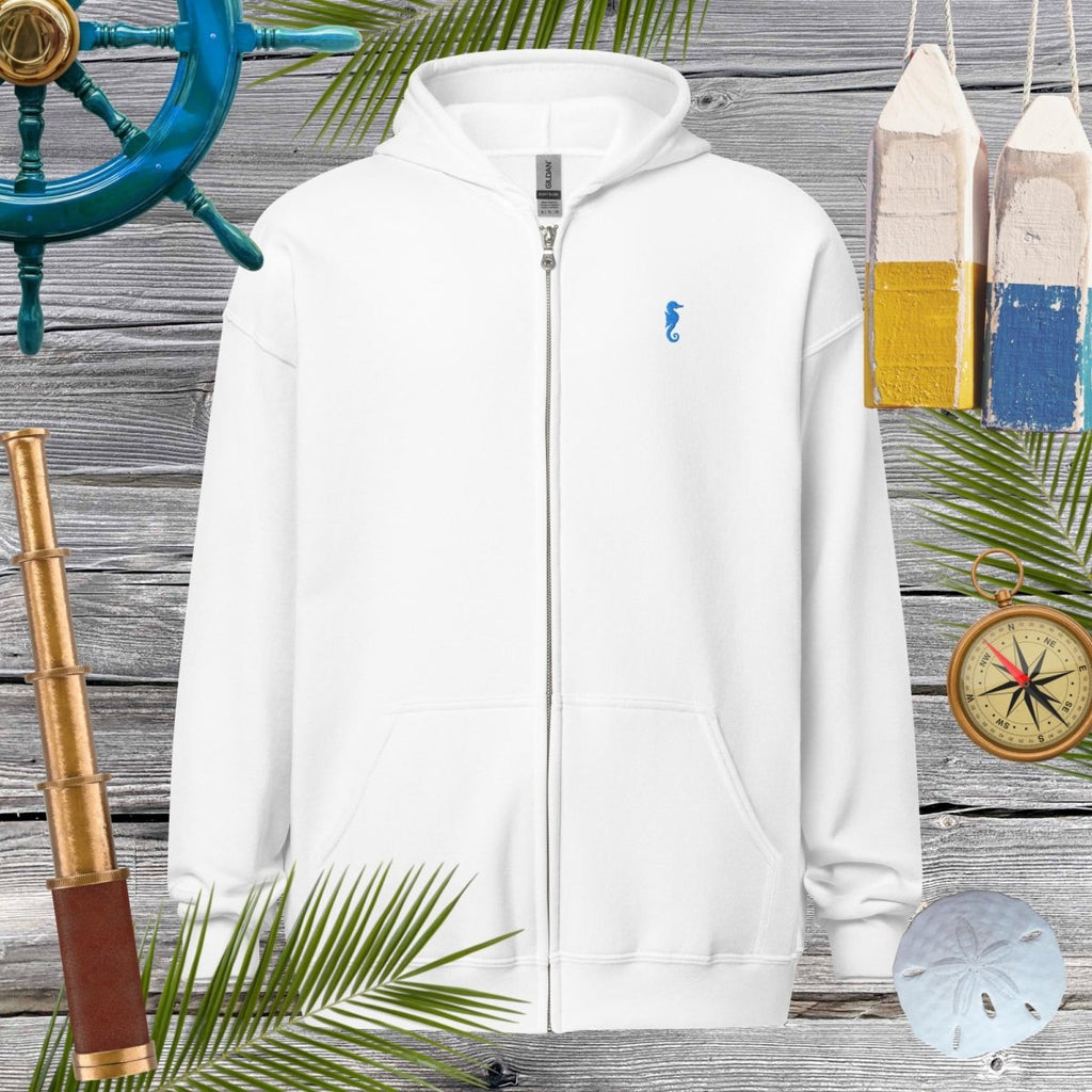 Unisex heavy blend zip hoodie featuring a cool embroidered seahorse on a white background, perfect for cozy vibes.