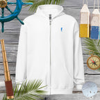 Unisex heavy blend zip hoodie featuring a cool embroidered seahorse on a white background, perfect for cozy vibes.