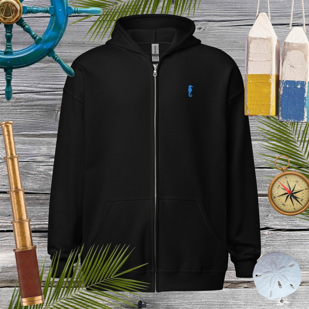 Unisex heavy blend zip hoodie with seahorse embroidery, perfect for cozy vibes and stylish looks.