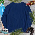 Unisex Sweatshirt in navy with aqua pinstripes, perfect for a laid-back style and comfortable wear.