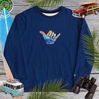 Unisex navy sweatshirt with aqua pinstripes and Shaka Sign, perfect for a laid-back casual look.
