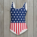 USA Flag One-piece swimsuit with American flag design on a rustic wood background