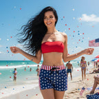 Beautiful woman with long black hair in Stars And Stripes swim shorts with white star pattern on Miami Beach