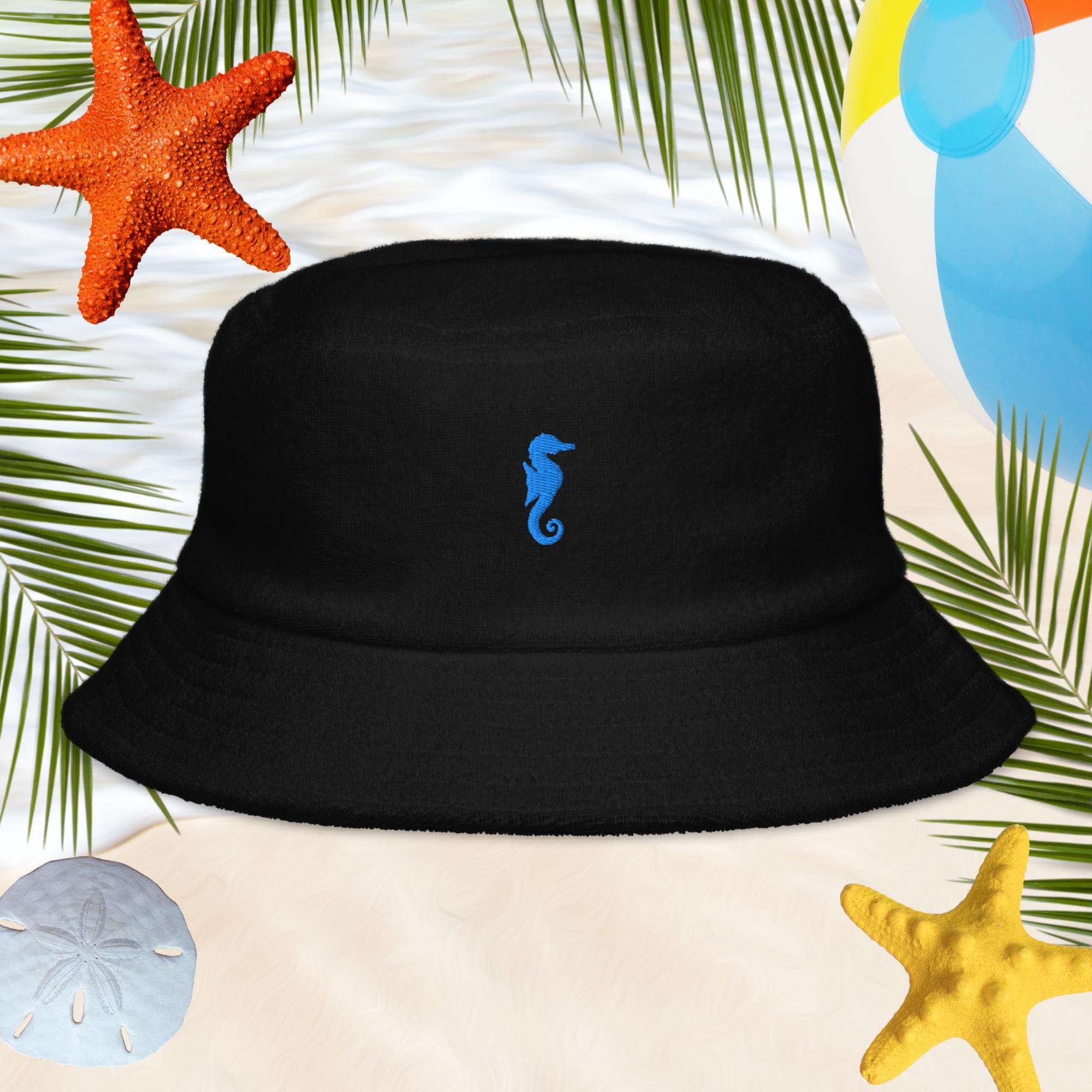 Unstructured terry cloth bucket hat | Sea Horse Embroidery Bucket Hats