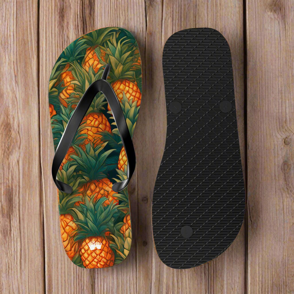 Flip-flop with pineapple pattern and black insole on a rustic nautical wood background