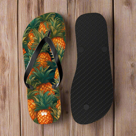Flip-flop with pineapple pattern and black insole on a rustic nautical wood background