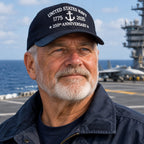 A black baseball cap with white text reading 'UNITED STATES NAVY 1775 2025 250th ANNIVERSARY' and an anchor graphic, shown on a rustic old dude on an aircraft carrier