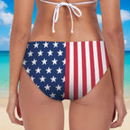 Bikini bottom with American flag design on a white background