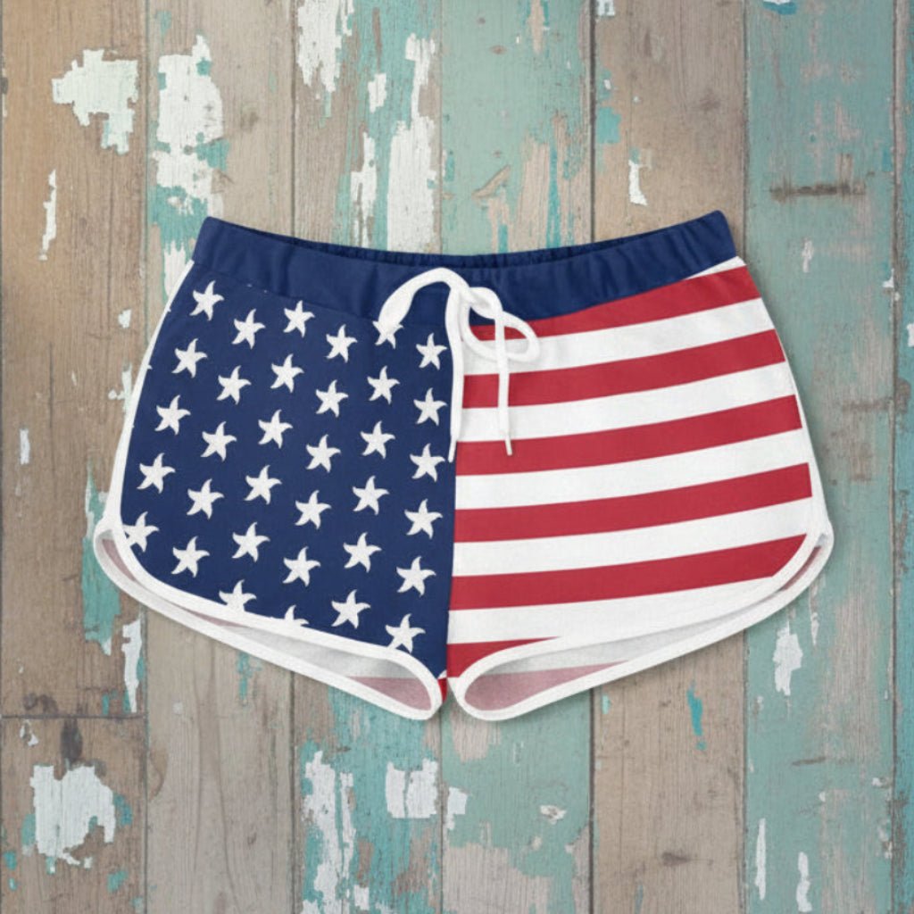 American flag patterned shorts on a rustic wood background