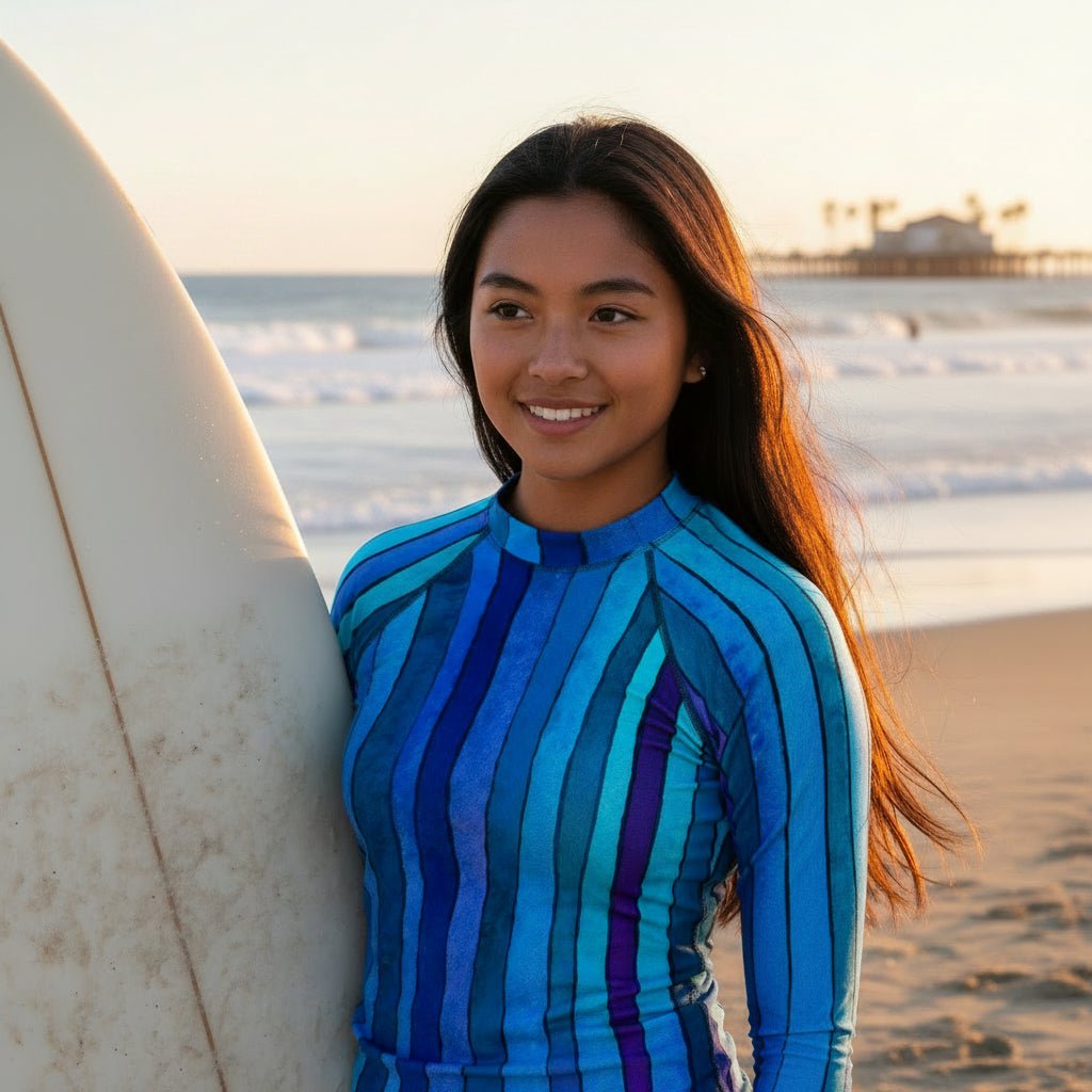 A smiling teenage surfer girl with long dark hair stands on Venice Beach holding a white surfboard, wearing a long-sleeve striped rash guard in shades of blue, teal, and purple. The background shows the ocean waves and a sandy beach at sunset.