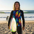 Person wearing a black long-sleeve shirt with colorful feather pattern on a white background