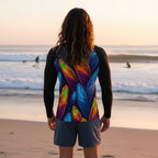 Person wearing a colorful swimsuit on Venice beach at sunset