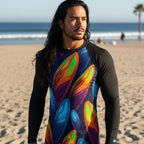 Surfer wearing a black long-sleeve Rash Guard with colorful abstract surfboard designs on venice beach