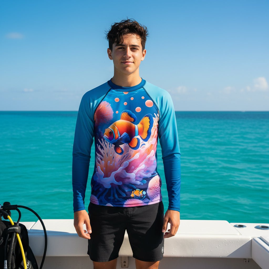 A young teen stands on a boat ,off the coast of Vero Beach, wearing a long-sleeve blue Nemo's Brother swim rash guard with a colorful clownfish and coral print, paired with black swim shorts against a turquoise ocean background.