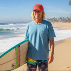 Surfer dude on the beach wearing Red cap with 'United States 250 of America' text and American flag design