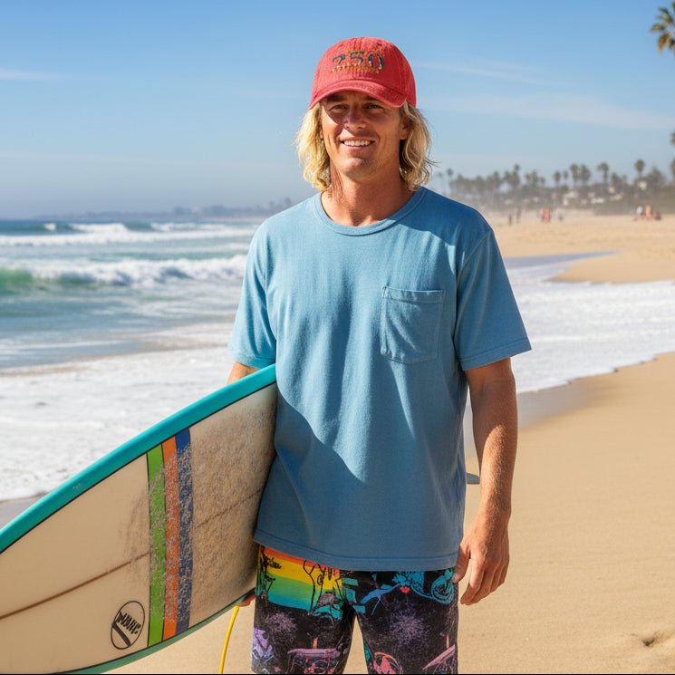 Surfer dude on the beach wearing Red cap with 'United States 250 of America' text and American flag design