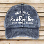 Blue denim cap with white text on a nautical wood background
