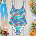 Classic one-piece swimsuit with vibrant vintage Hawaiian print, perfect for sun-soaked beach days and poolside lounging.
