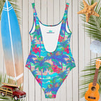 Vintage Hawaiian print one-piece swimsuit, perfect for beach days with a tropical vibe and vibrant colors.