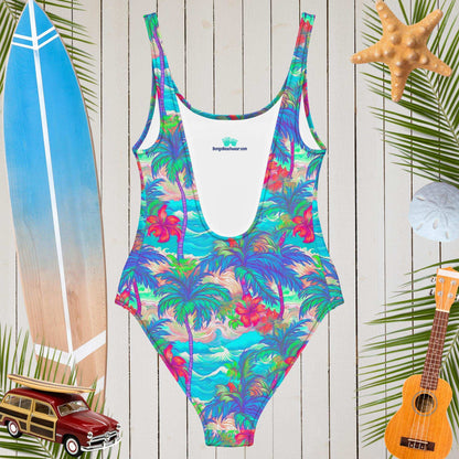 Vintage Hawaiian print one-piece swimsuit, perfect for beach days with a tropical vibe and vibrant colors.