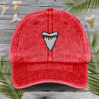 Red cap with a Embroidered Shark Tooth design on a wooden background with palm leaves