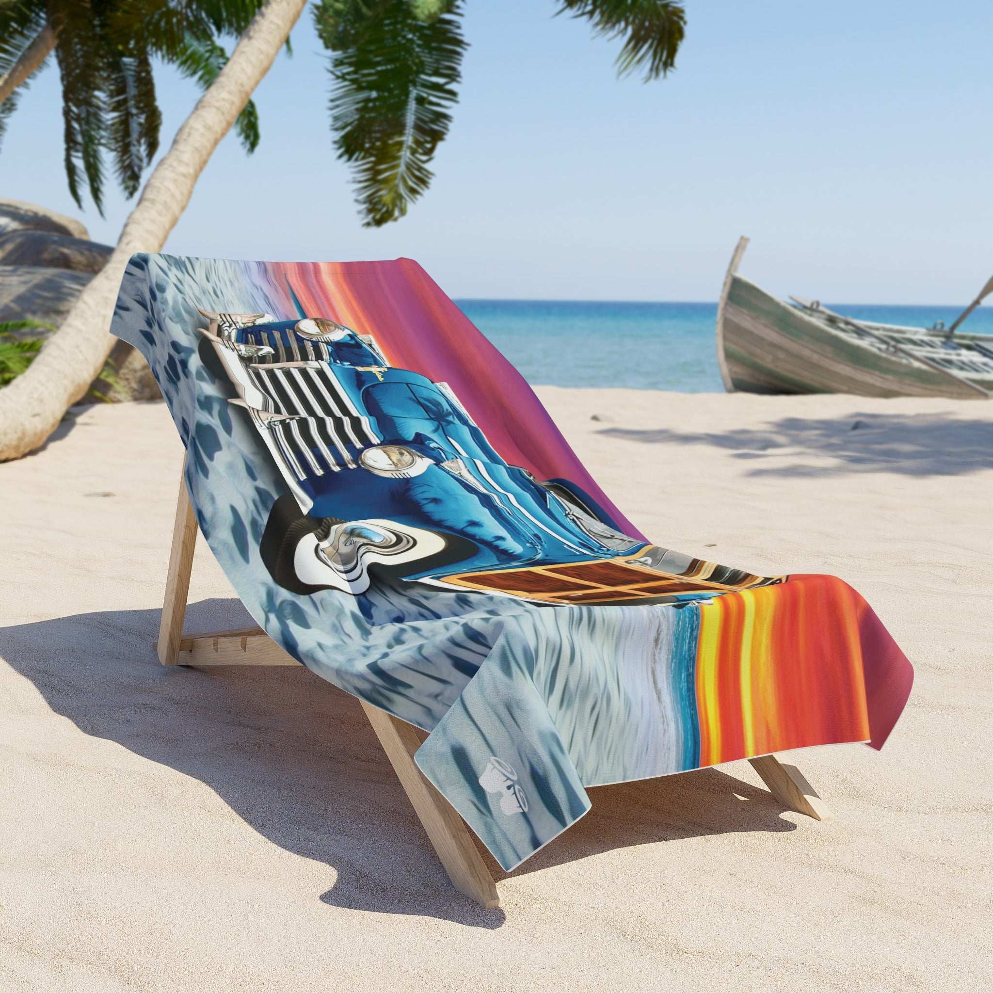 vintage woody Beach Towel  on lounger under a palm tree and an old fishing boat