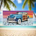 Vintage Woody Wagon Beach Towel hanging on a rope outside a beachside surf shack