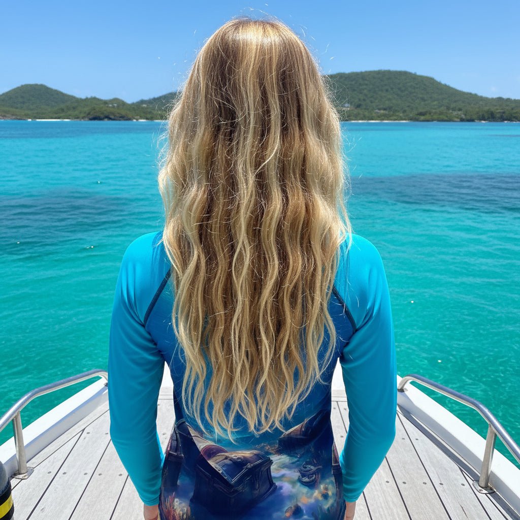 A tween girl with long, wavy blonde hair stands on a boat deck facing turquoise sea in the Virgin Islands water and distant green hills, wearing a blue long-sleeve top with a dark blue and black abstract print on the lower portion.