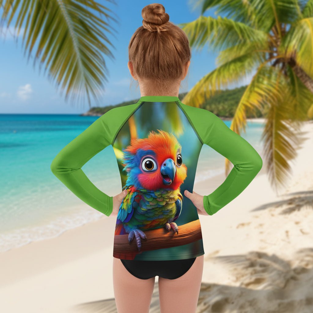 A child shown from behind wearing a long-sleeve rash guard with a colorful parrot graphic on the back, standing on a sandy beach with palm trees and turquoise water in the background.