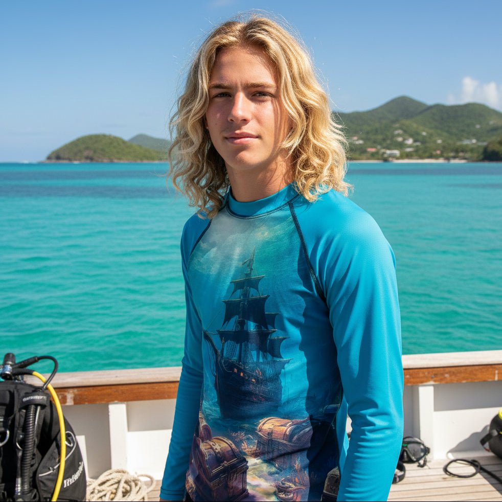 Teenage dude with long stringy blond hair on the back of a suca diving boat in the US Virgin Islands