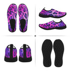 Four-view product collage of slip-on water shoes with a pink and purple leopard print pattern and black soles, shown on a white background.