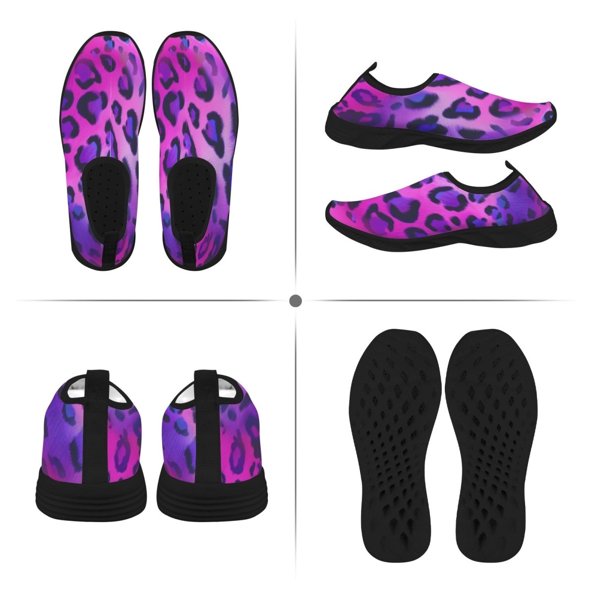 Four-view product collage of slip-on water shoes with a pink and purple leopard print pattern and black soles, shown on a white background.