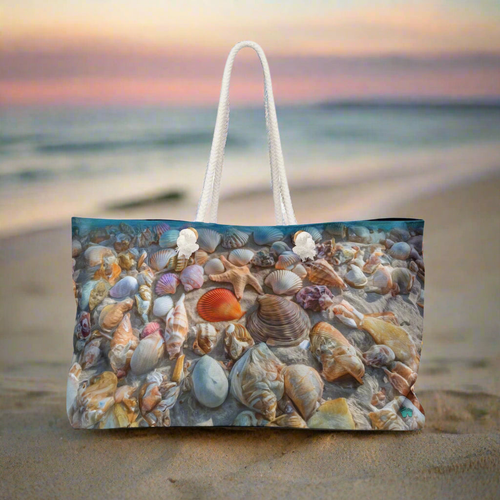 Weekender Beach Bag Seashell Print sitting on a beach