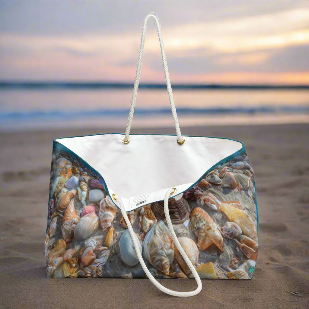 Weekender Beach Bag a Shellers Dream art printed the outside sitting on the beach at dusk