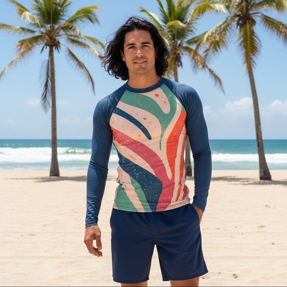 Man wearing a colorful long-sleeve shirt with abstract design on a West Palm Beach