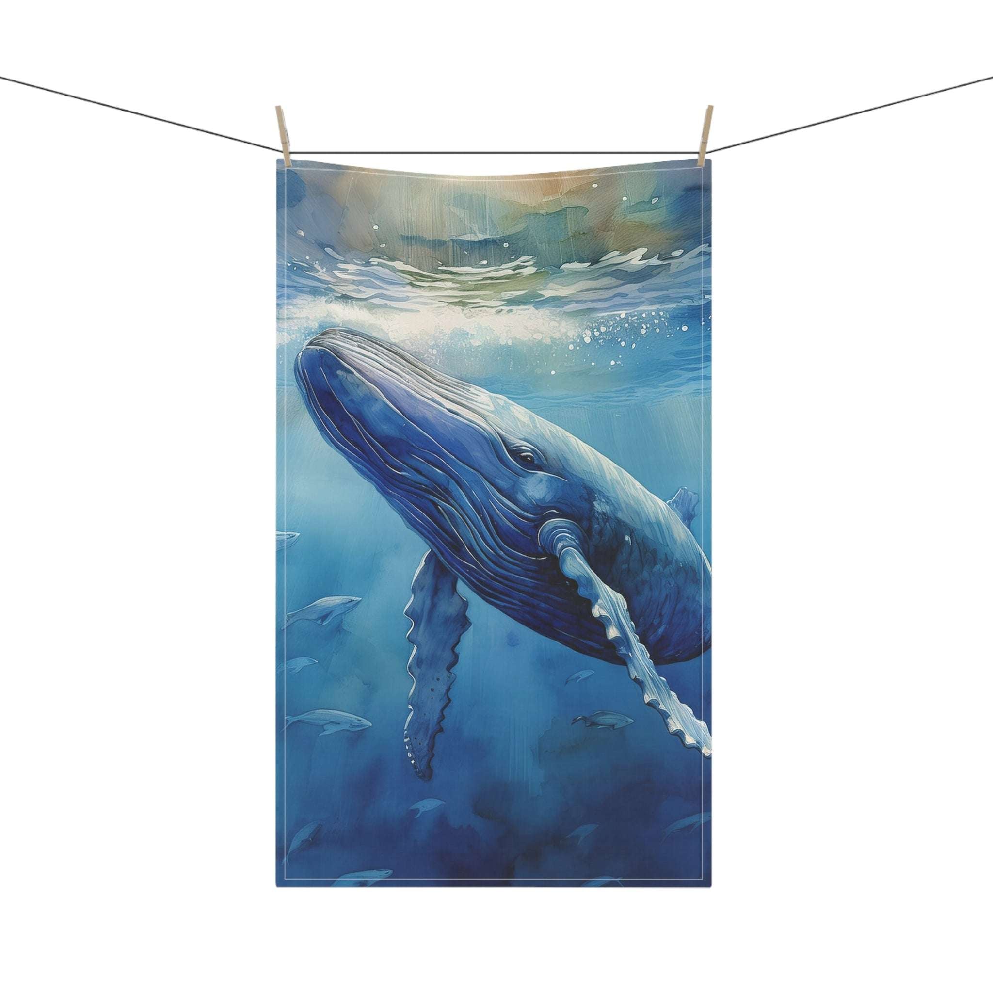 Whale Art | Cotton Tea Towel Hanging on a cloths line