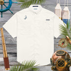 Men’s white Columbia Fishing Shirt Shirts with hammerhead shark embroidery