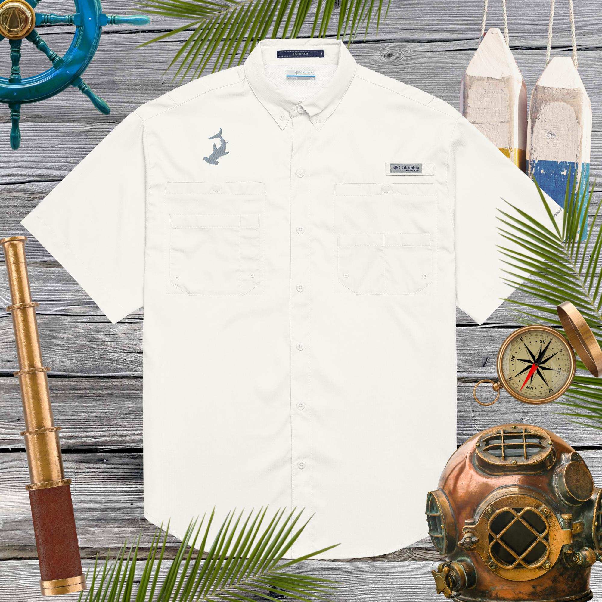 Men’s white Columbia Fishing Shirt Shirts with hammerhead shark embroidery